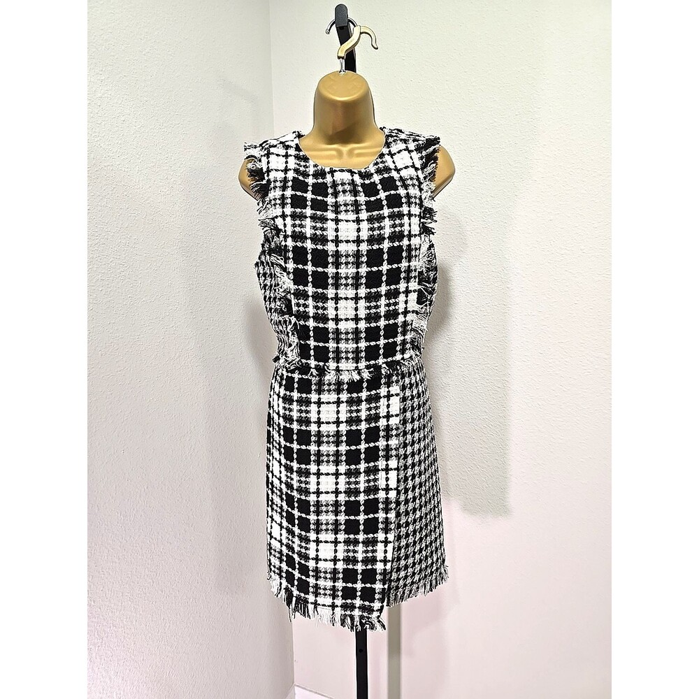 Black White Plaid Sleeveless Faux Wrap Dress Large Fringe Office Academia Preppy